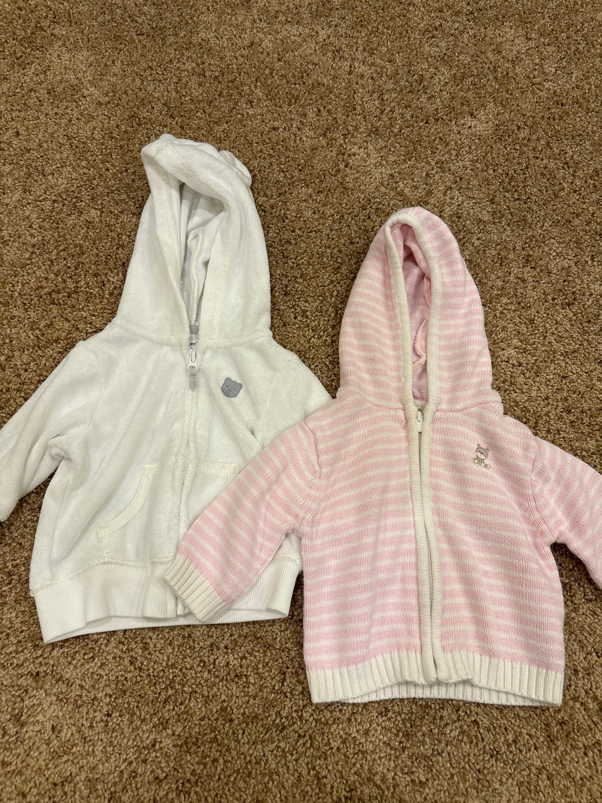 #47, girls size 3mo, Carter’s white and pink zip-up hoodies