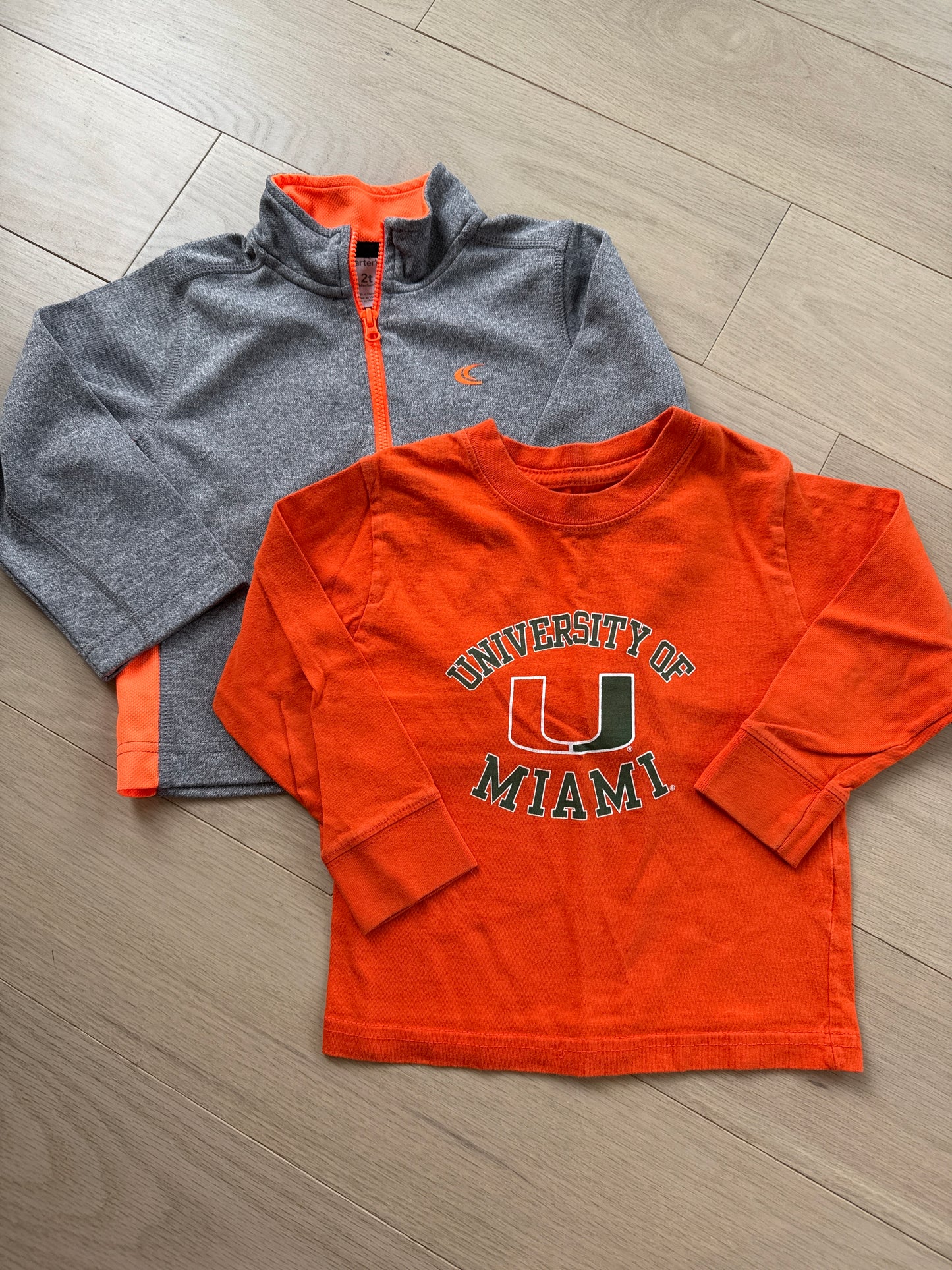 Seller #216 Boys orange and grey long sleeve shirts, sz 2T EUC