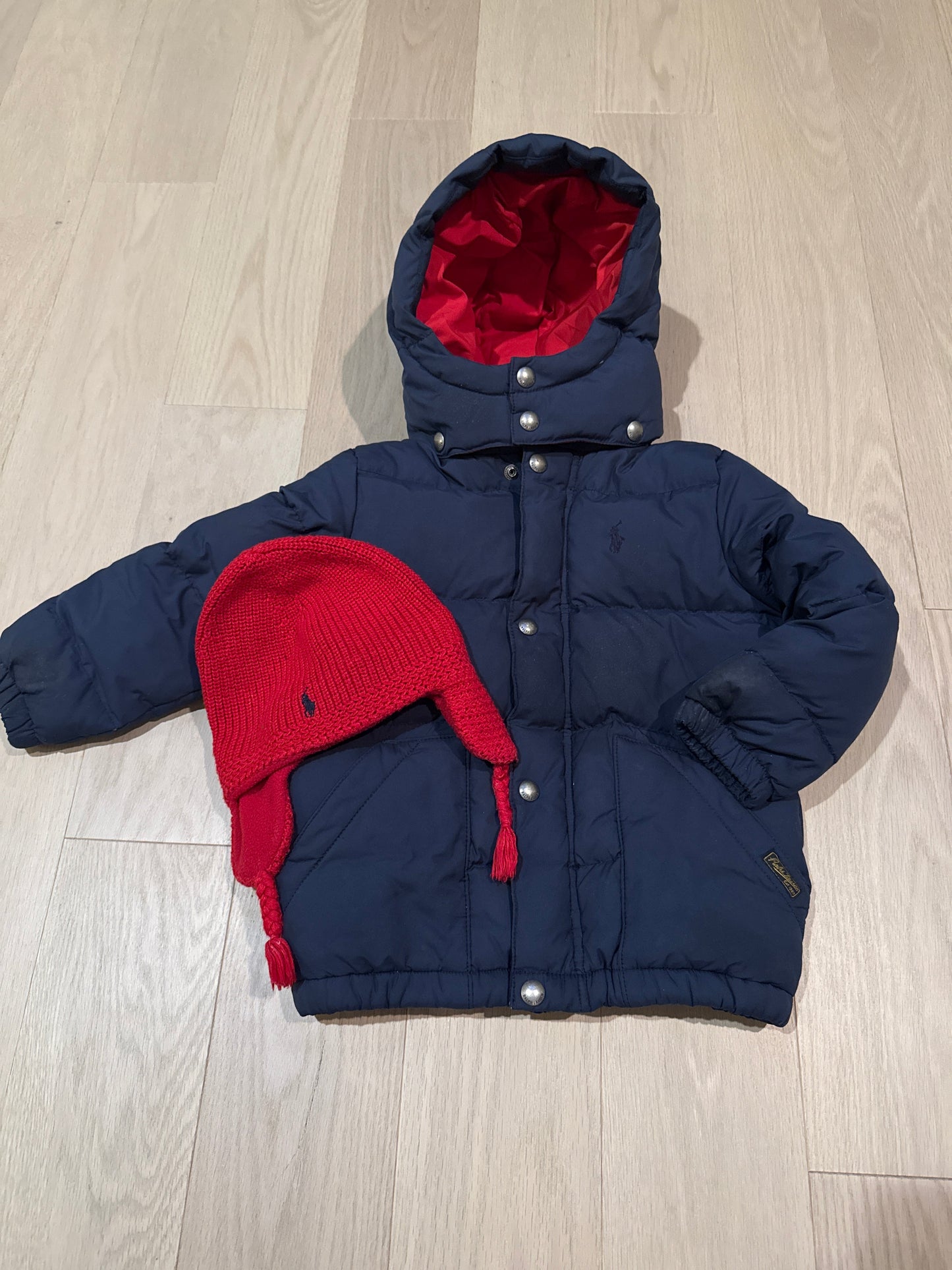 Seller #216 Boys Polo Ralph Lauren navy heavy down winter coat with red hat, sz 4T EUC