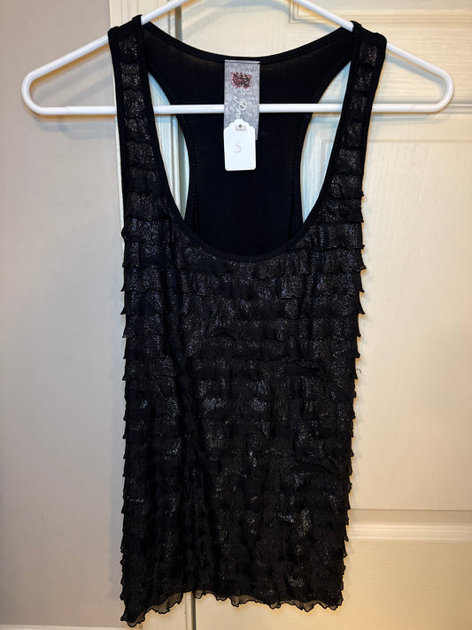 Seller #216, Women’s black tank with gold shimmery ruffles, small NWT