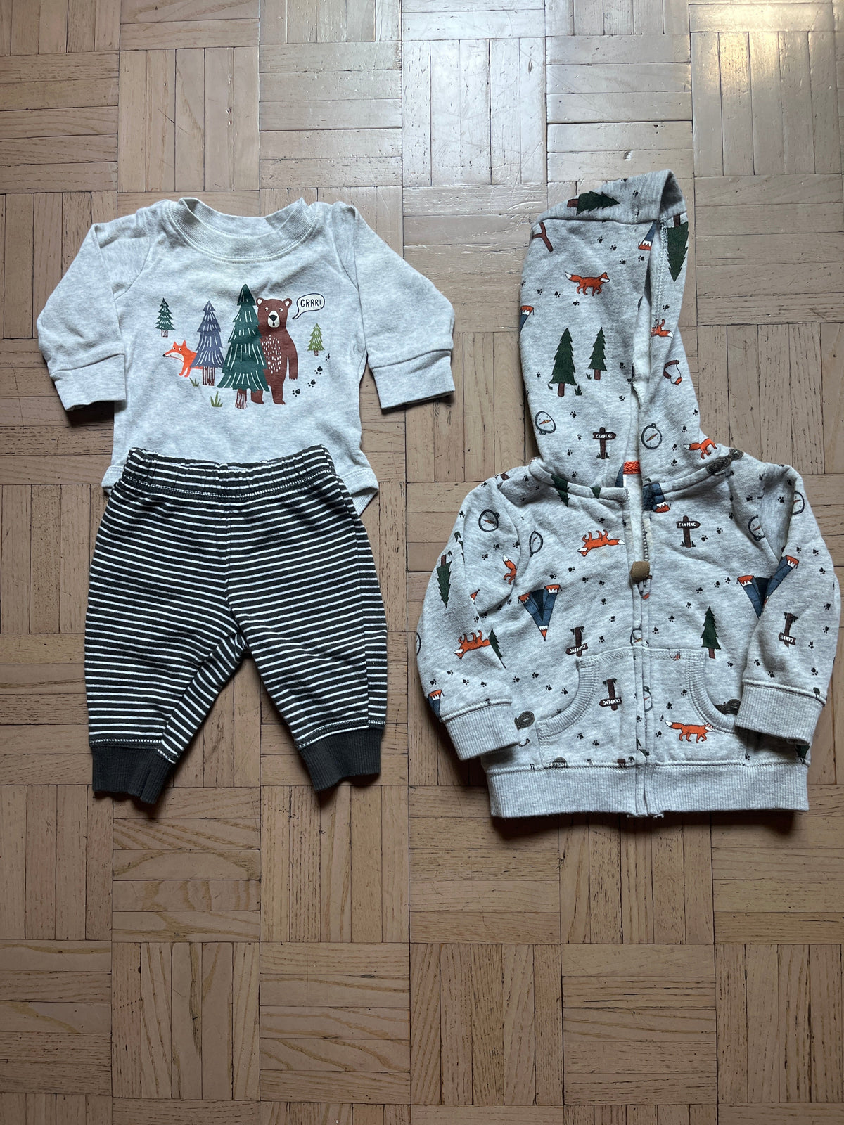#195 Boys 3 month long sleeved Forest onesie with pants and zip up sweatshirt
