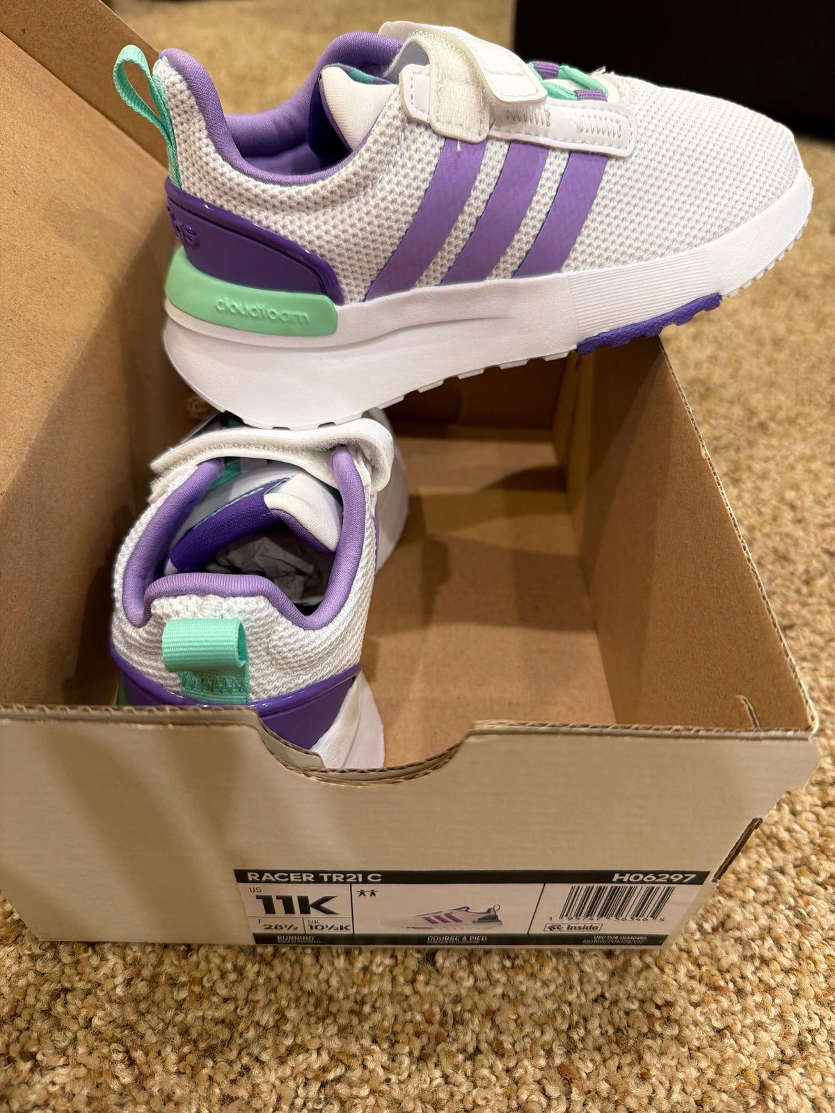 #47, Girls adidas white and purple shoes. New in box. Size 11