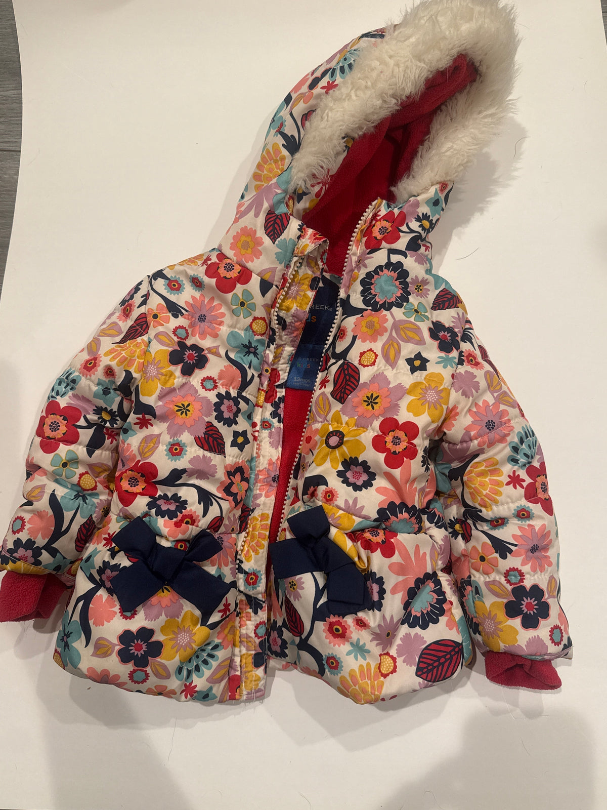 #170 Falls Creek floral print winter coat, fleece lined with fur trim hood girls 12 months