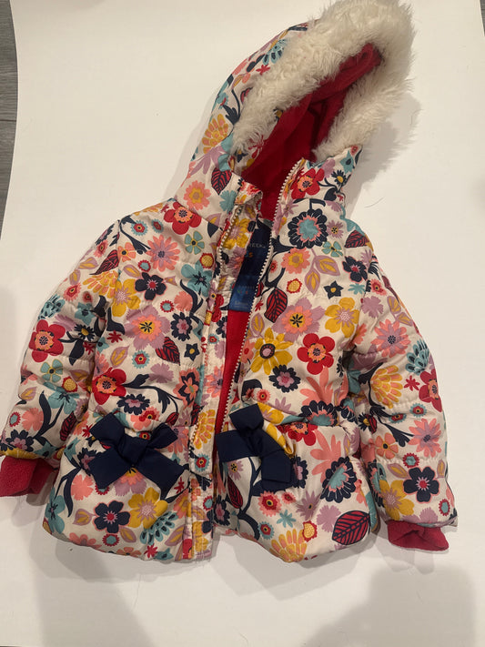 #170 Falls Creek floral print winter coat, fleece lined with fur trim hood girls 12 months