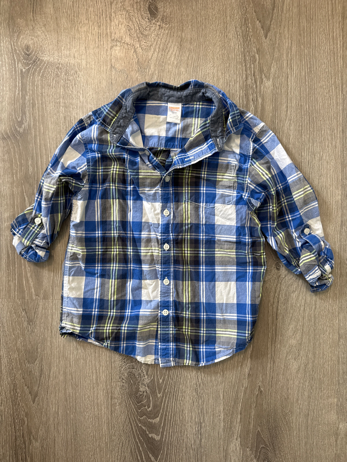 #149 Boys Gymboree 7/8 blue and lime button down