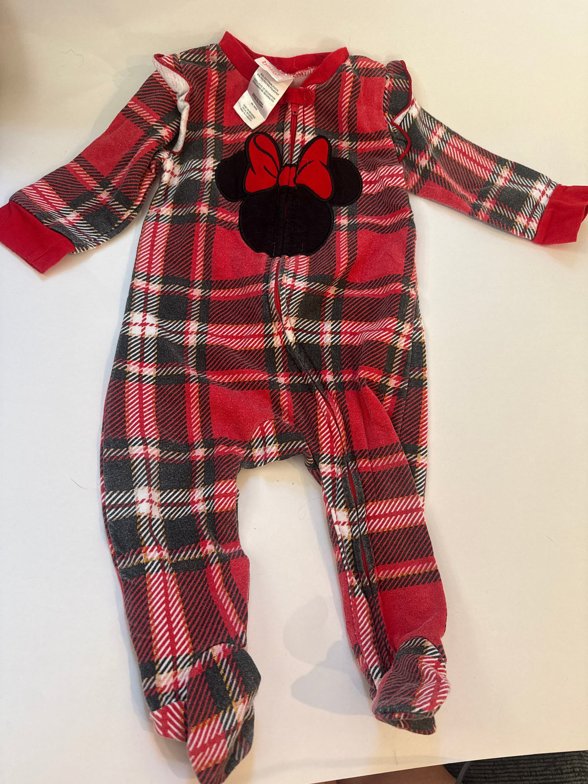 #170 Disney Minnie plaid ruffle sleeve footie PJs girls 6-9 months