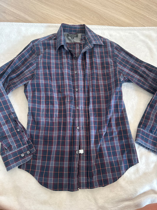 #81 Men Medium banana republic soft wash tailored slim fit navy/checked button down