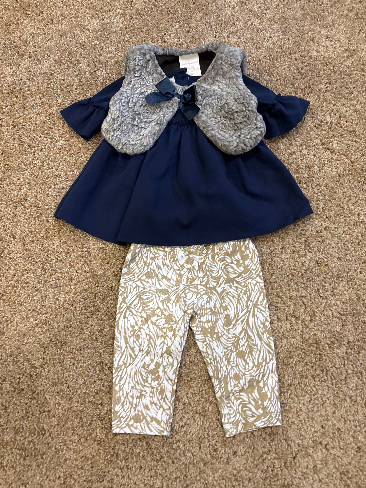 #47, girls 3-6mo, First Impressions navy/grey dress and vest and gold/white pants