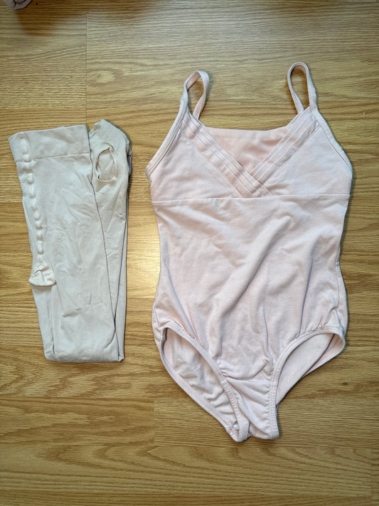 #87 Girls 6 pink ballet leotard with pink tights GUC