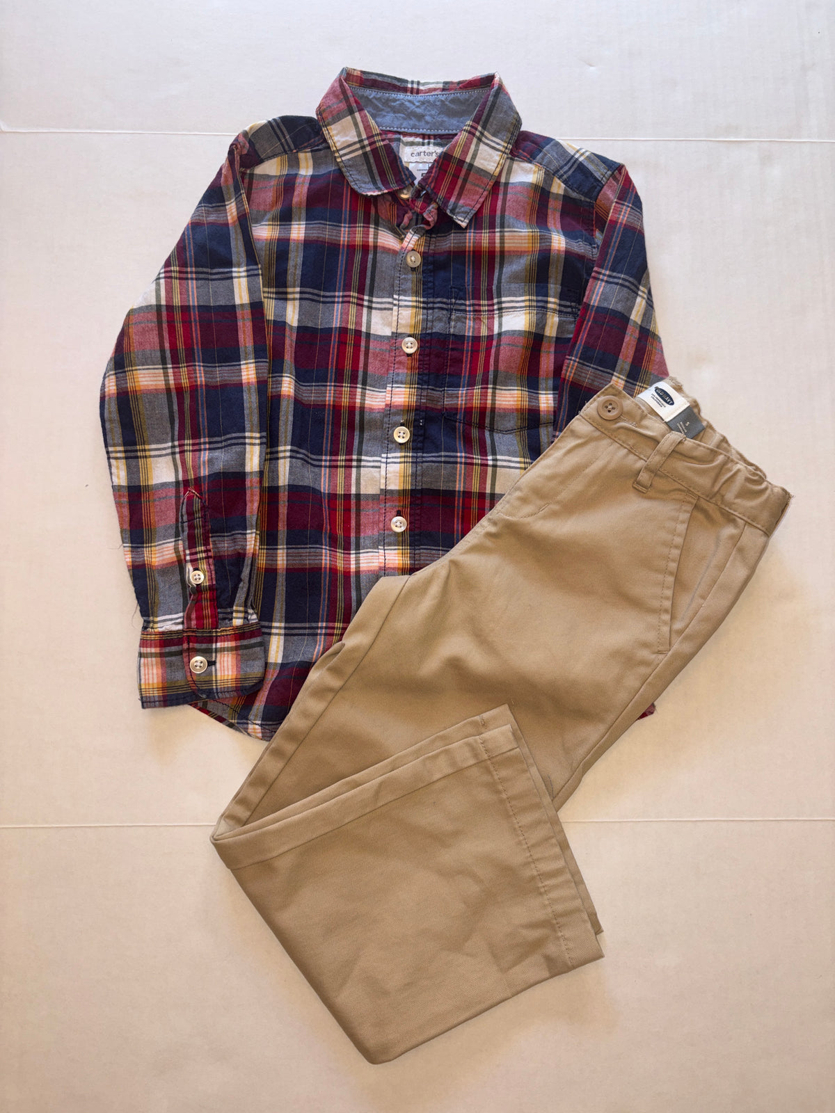 Seller 118 Boys Old Navy (outlet) straight leg adjustable waist khaki chinos and Carters plaid button down shirt. Size 5