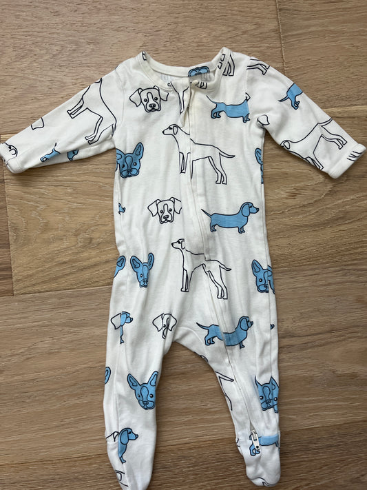 #47 0-3 Month baby boy zippered pajamas with blue and white dogs