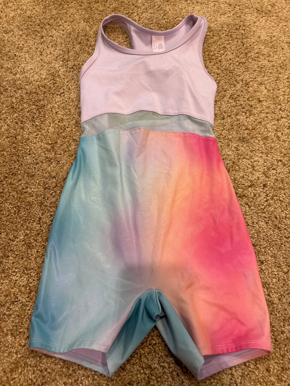 #47, girls size 7/8, purple/rainbow gymnastics leotard