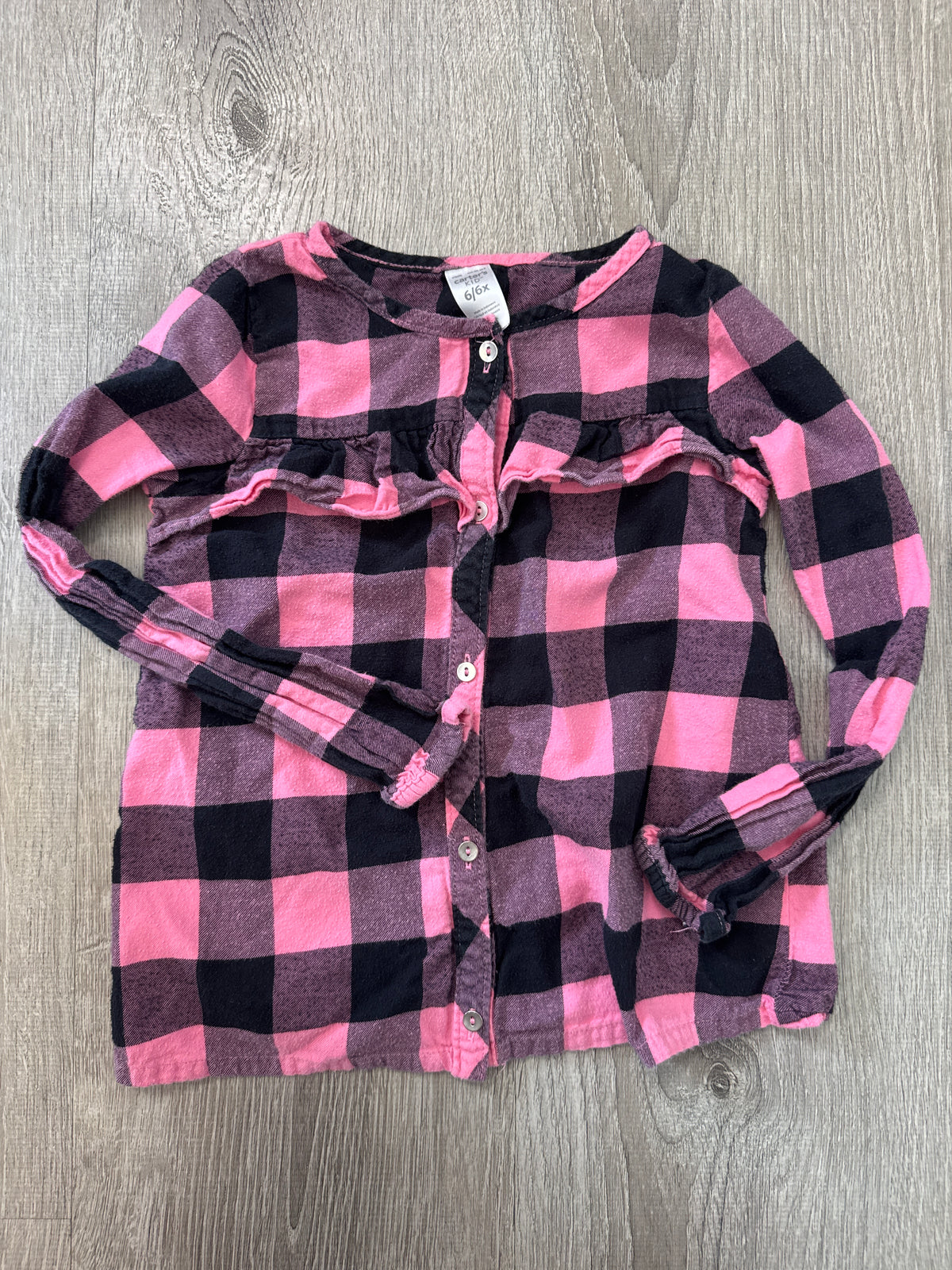 #149 Girls carters 6 pink and black buffalo plaid flannel shirts