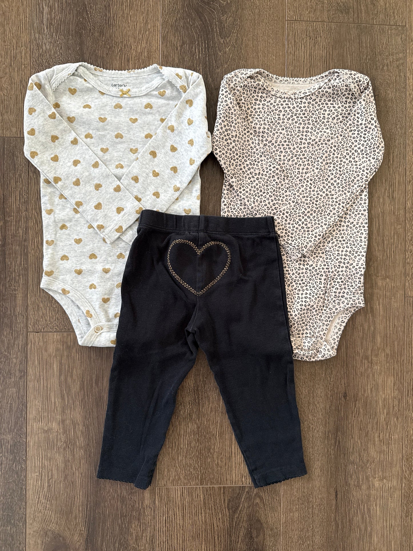 #173-REDUCED Carters gold heart and cheetah 3-piece set size 24m