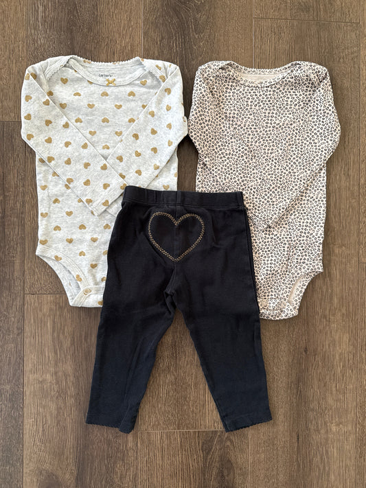 #173-REDUCED Carters gold heart and cheetah 3-piece set size 24m
