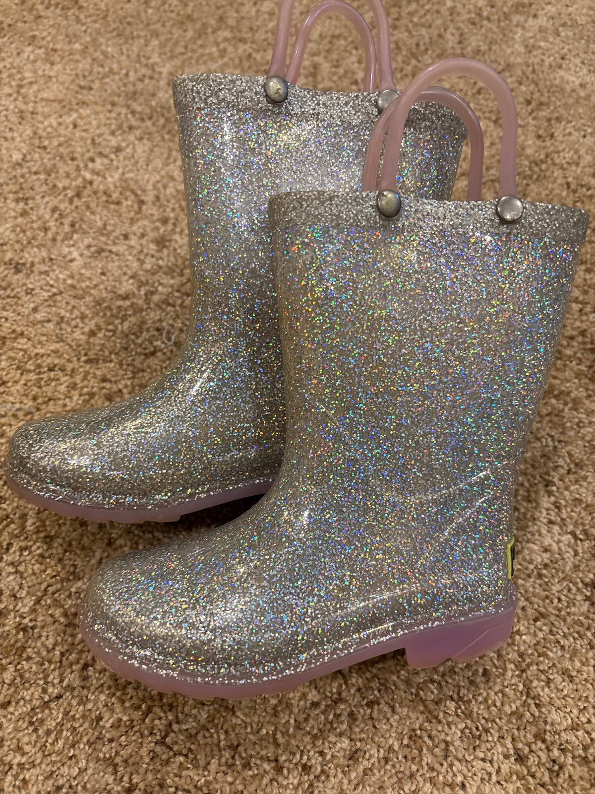 #47, girls Western Chief grey/pink/sparkle rain boots Kids Size 10