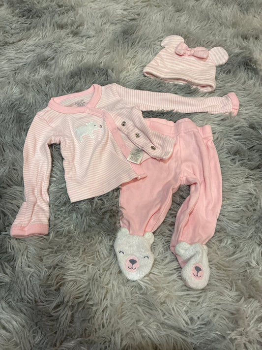 SCO46-long sleeve pink outfit with hat-girls-newborn- pink polar bear