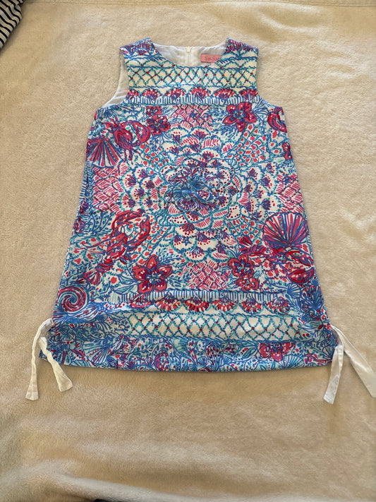 #81 Girls 5 Lilly Pulitzer Lobser dress small imperfection in photos- the hem is out but a simple hem tape can fix it