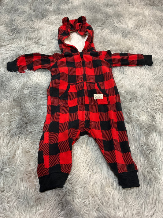 SCO46-fleece long sleeve romper- gender neutral- 6 months- buffalo plaid