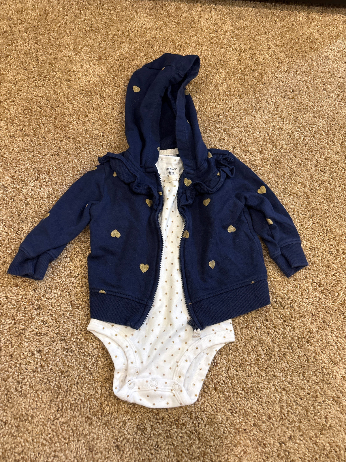 #47, girls 6mo Carter’s navy and gold jacket with coordinating onesie