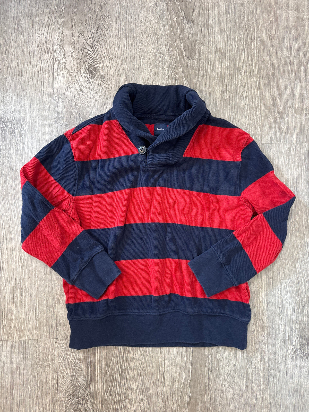 #149 Boys M (8) Gap rib knit navy and red shawl collar sweater
