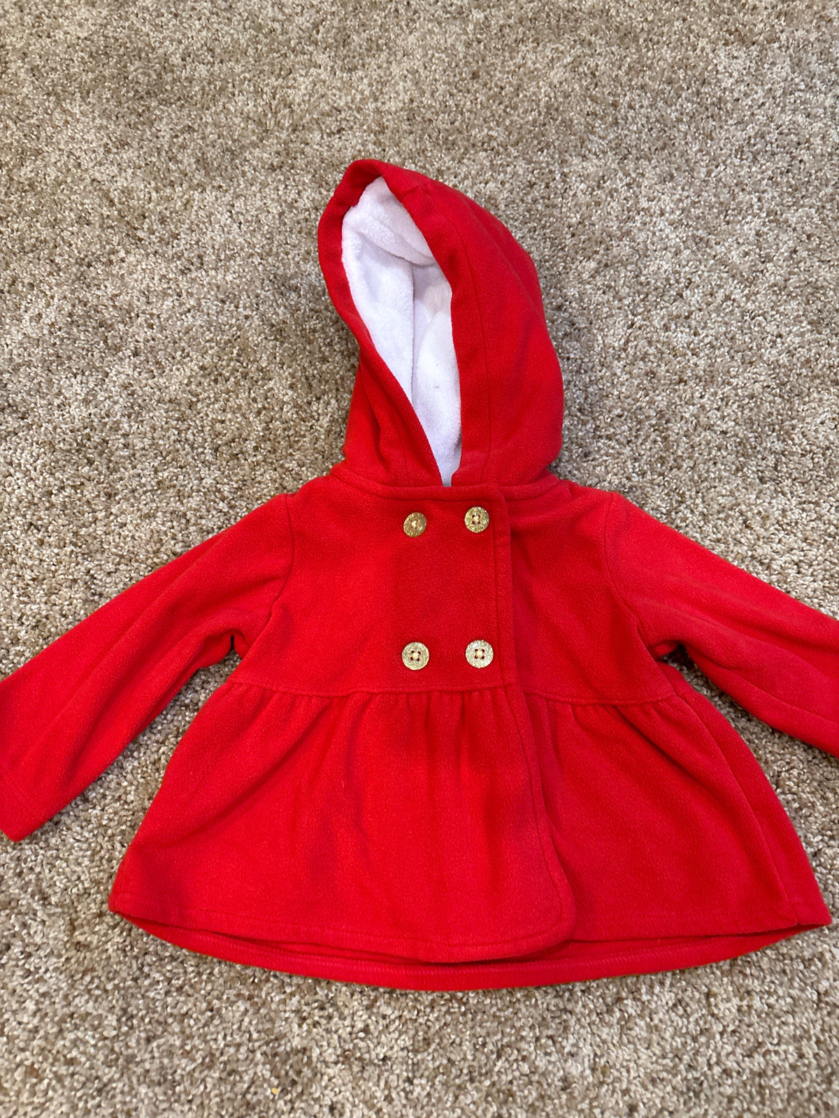 #47 girls Carter’s red fleece hooded jacket Size 6mo