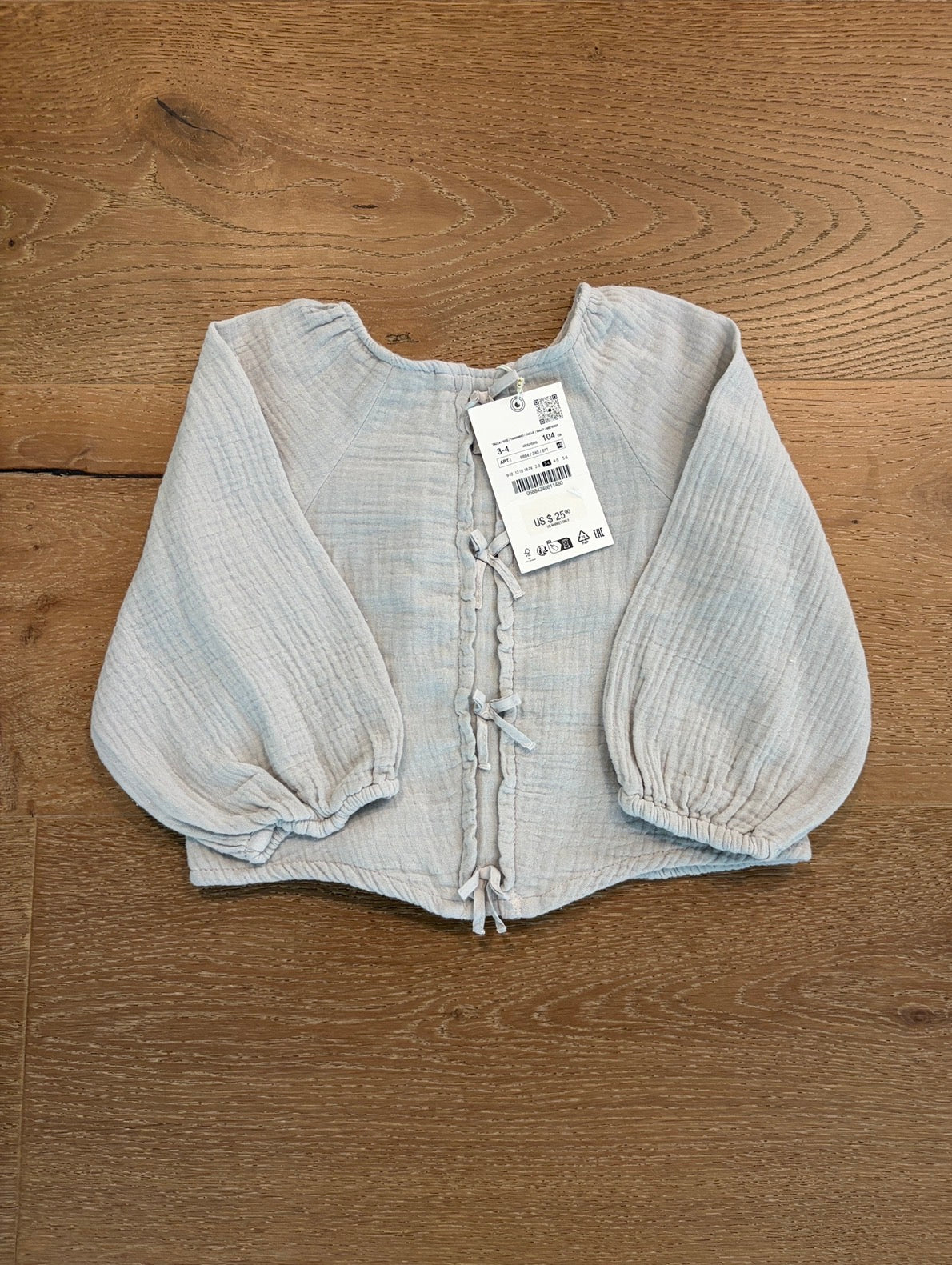 Seller #193 NWT Zara Girls Size 3/4 Flowy Light Gray Blouse with Bow Details and Bell Sleeves (Retailed for $26!)