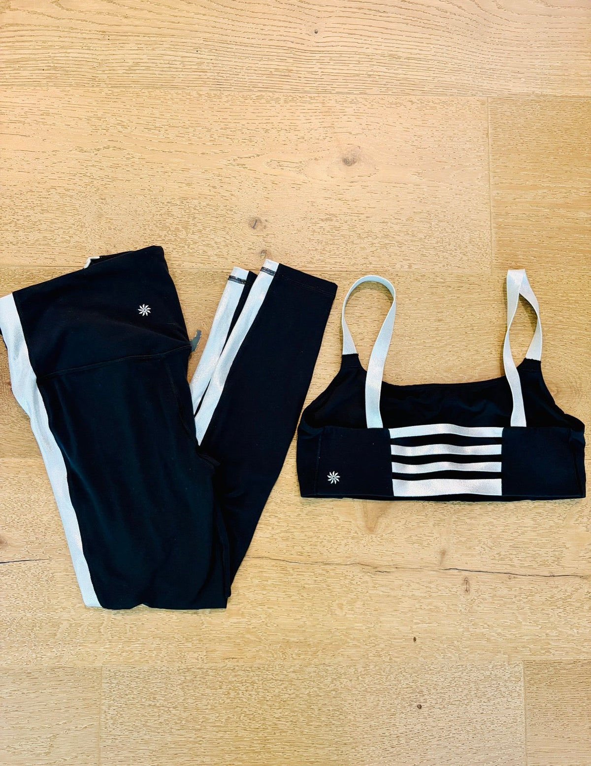 Seller #193 NWOT Athleta Black and Silver Women's Size S Elation High Rise Shine Sport Stripe Legging and Women's Size M Shine Strap Bra (Retailed for $130+!)