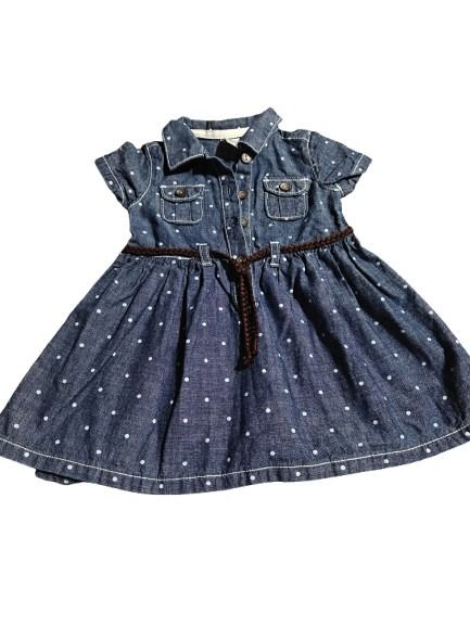 #7 Carters Chambray with white Polka Dot dress with Brown belt, 6mo