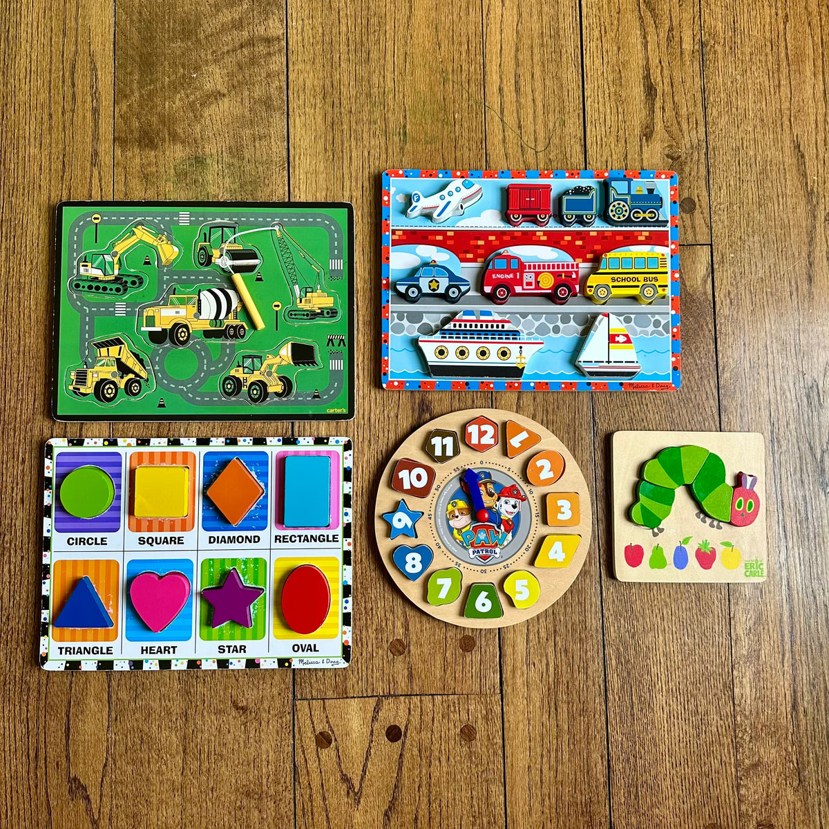 #113	Chunky Baby & Toddler Puzzles Set of 5, Vehicles / Shapes / Clock / Caterpillar