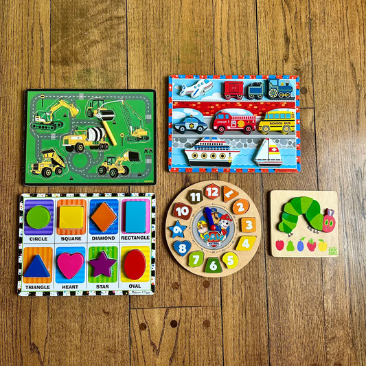 #113	Chunky Baby & Toddler Puzzles Set of 5, Vehicles / Shapes / Clock / Caterpillar