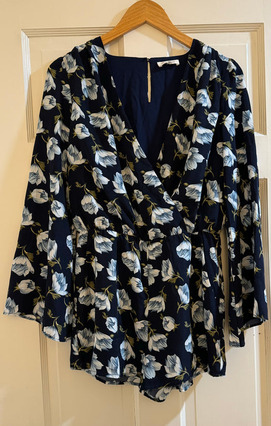 Small Women's Sugar + Lips Floral Bell Sleeve Romper Navy Blue