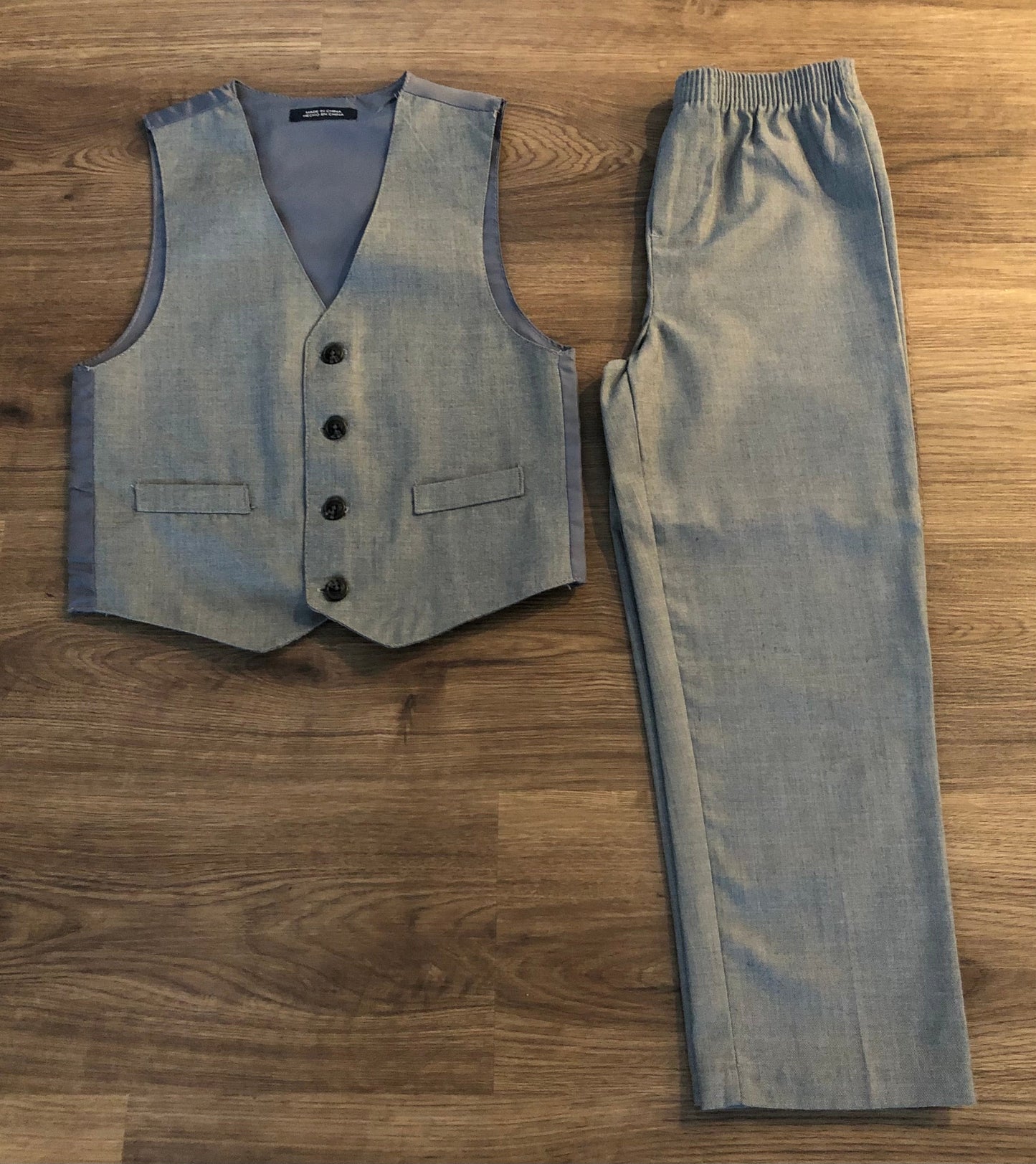 #82 Boys size 7 grey vest and elastic waist dress pants