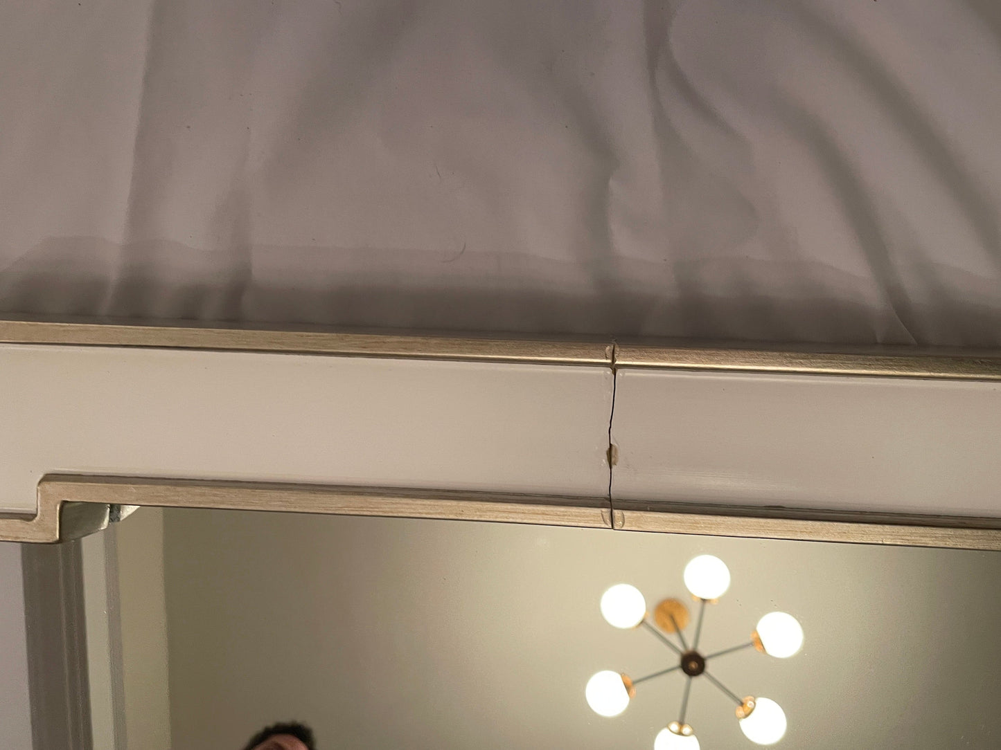 #13 - PPU 45207 - 48 x 34 inch mirror - Sasha mirror - white and gold - Small crack in frame (pictured) - Retail: $409