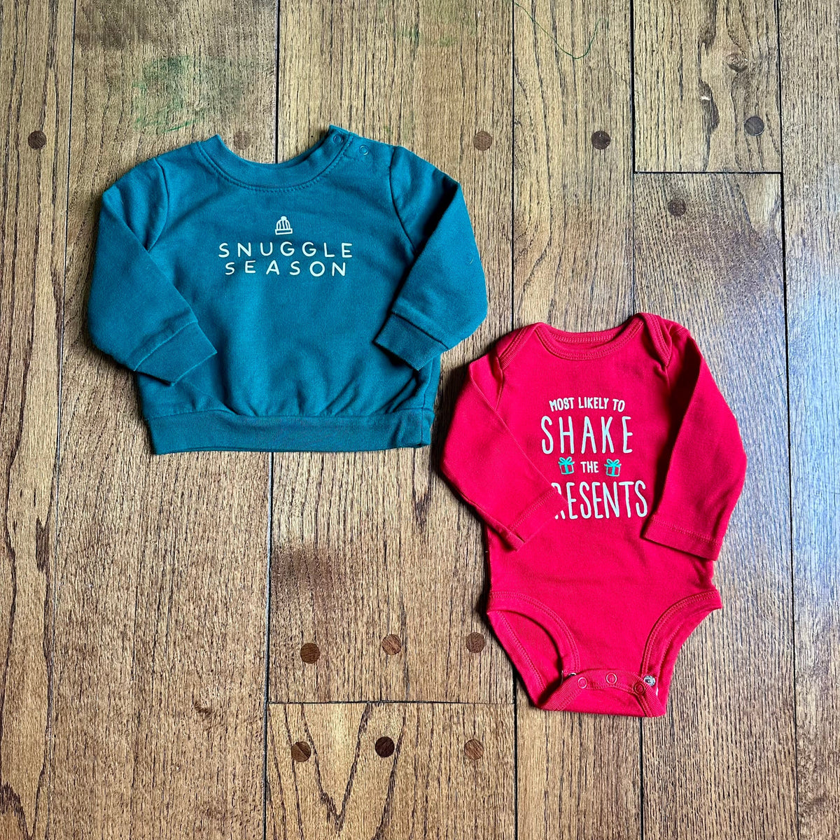 #113	EUC Holiday Bundle, Cat & Jack Snuggle Season Green Crewneck Sweatshirt (3-6 mo) and Carters Holiday Onesie (3 mos)