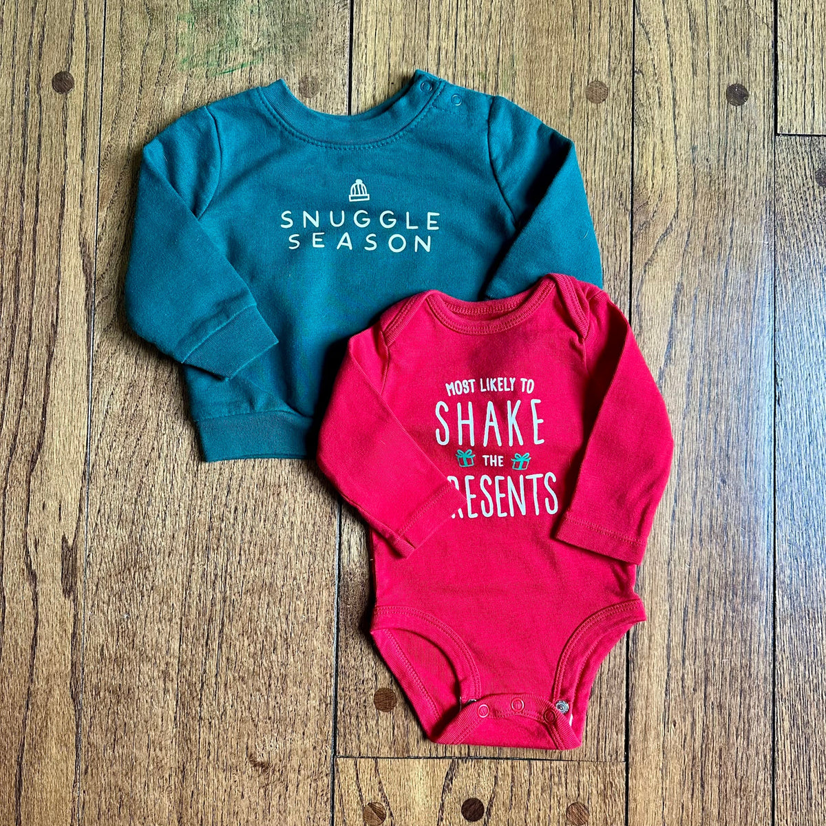 #113	EUC Holiday Bundle, Cat & Jack Snuggle Season Green Crewneck Sweatshirt (3-6 mo) and Carters Holiday Onesie (3 mos)