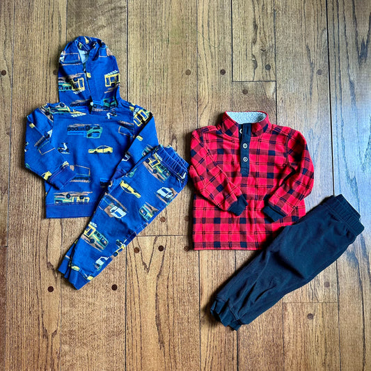 #113	EUC Boys Outfits Set of 2, Carters Red Plaid Buffalo Check Fleece (2T) and Carters Navy Truck Outfit (24 mos)