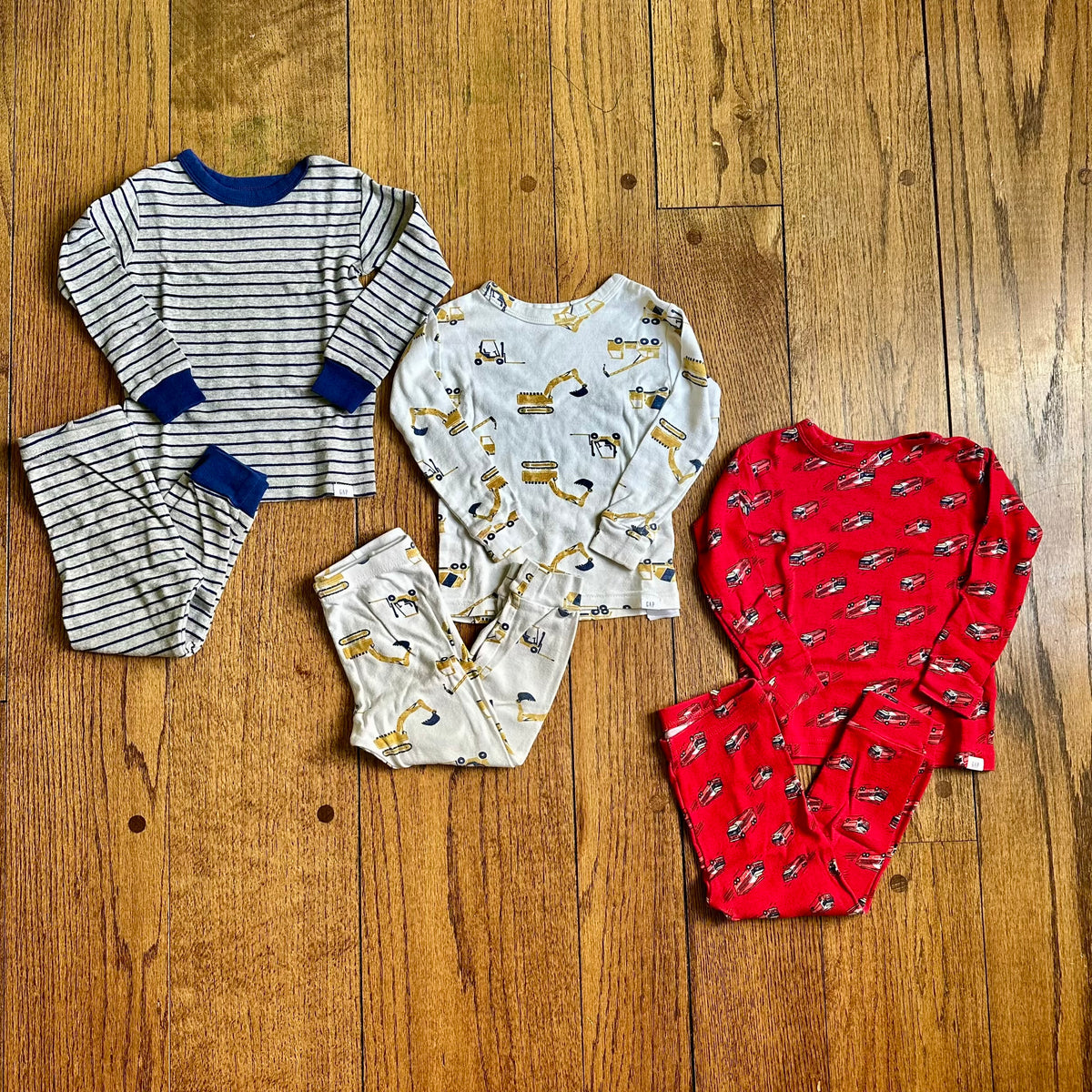 #113	GUC Boys Gap Pajamas Set of 3, Blue Stripe / Construction Vehicles / Firetrucks, size 2