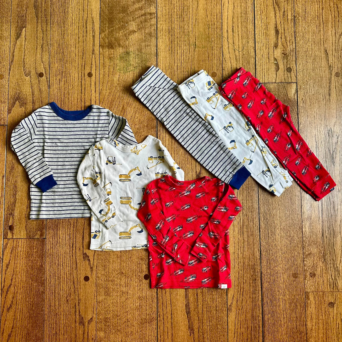 #113	GUC Boys Gap Pajamas Set of 3, Blue Stripe / Construction Vehicles / Firetrucks, size 2