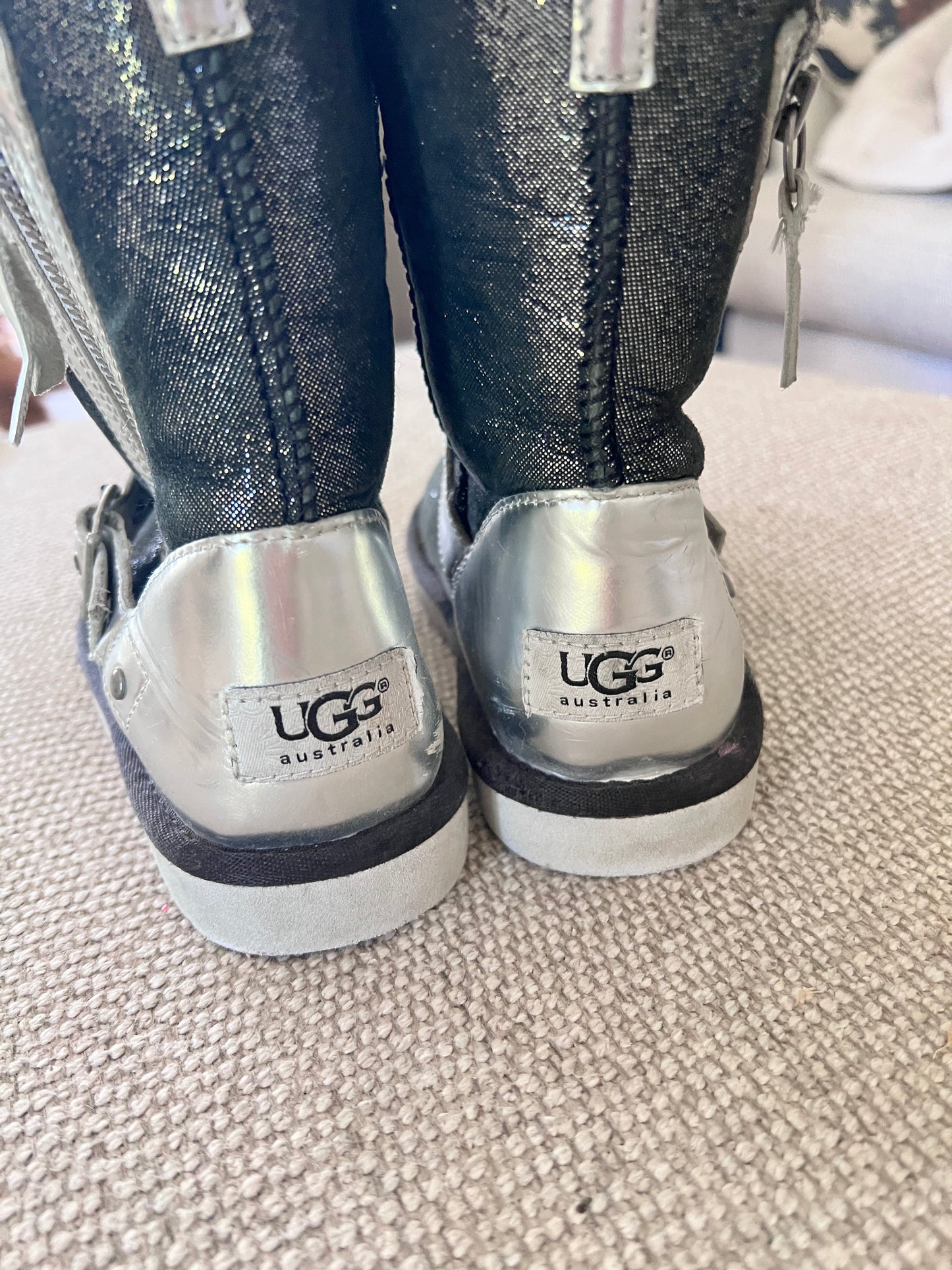 Girls UGG shiny boots, black and silver, size 1
