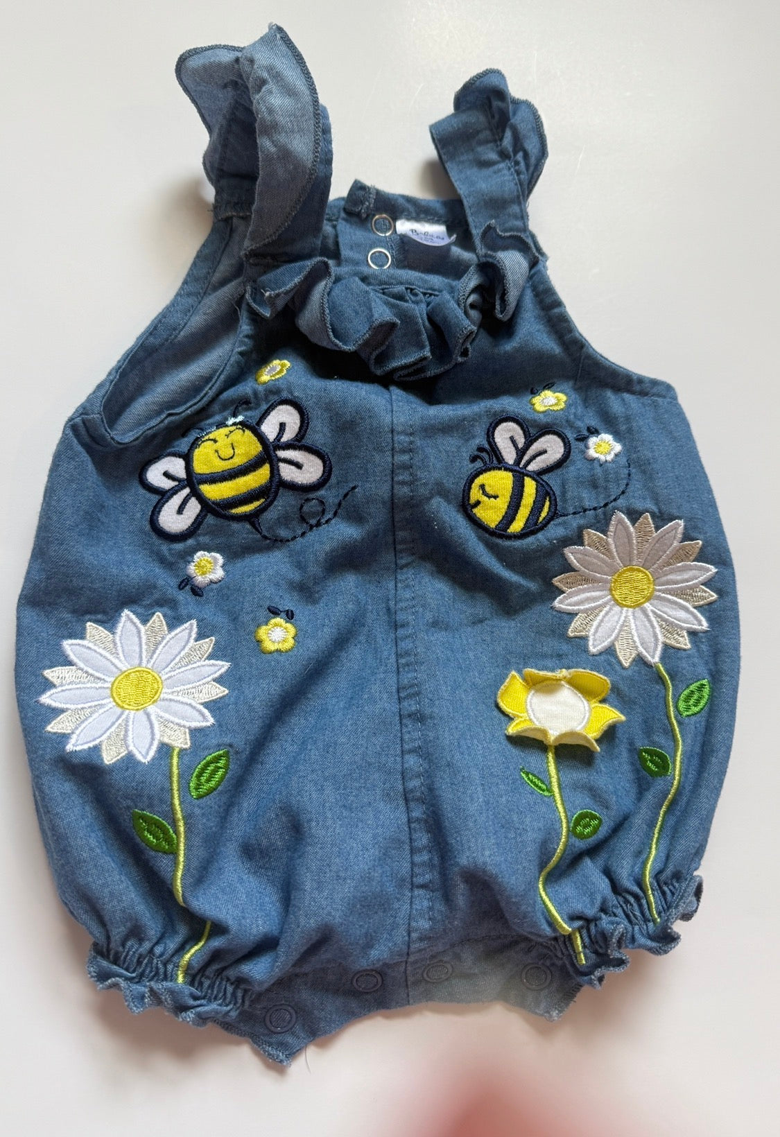 #116 Bee and flower denim romper  girls 9 months