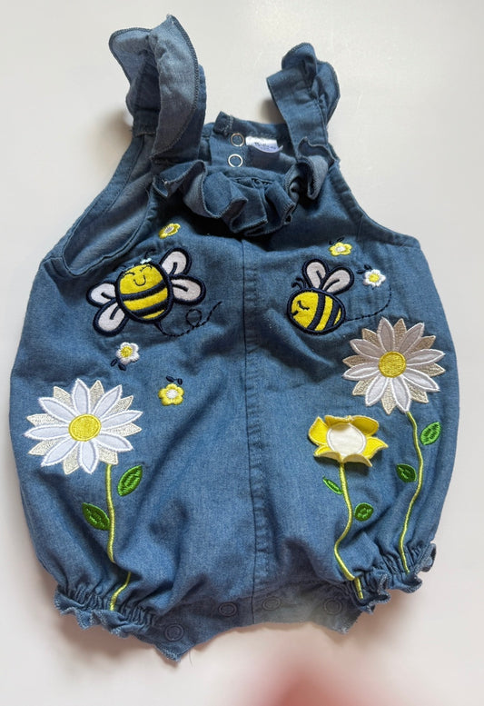 #116 Bee and flower denim romper  girls 9 months