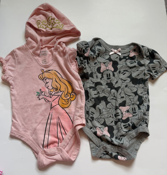 #116 Disney Baby Onesies (2)—Minnie and Aurora with crown hood girls 6-9 months
