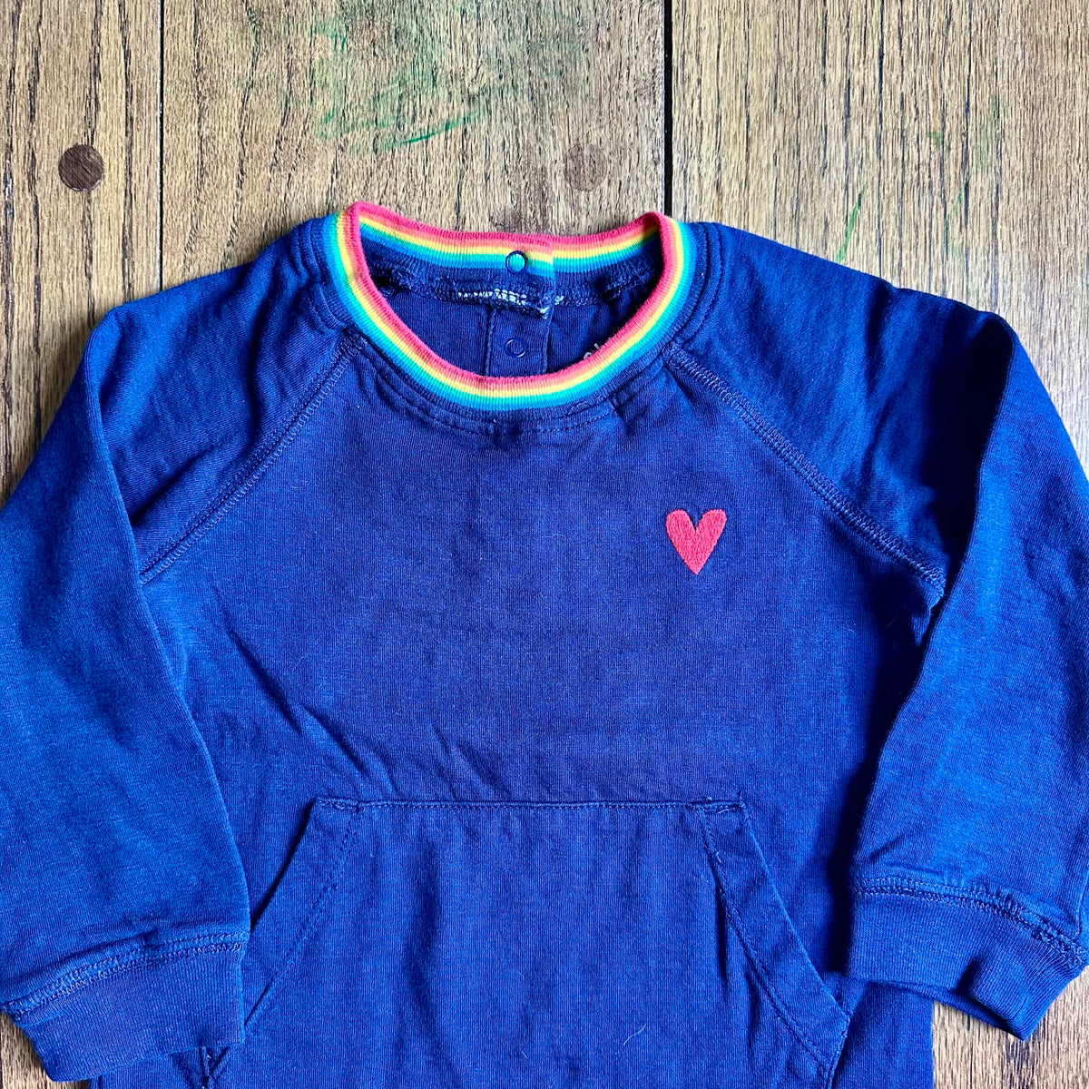 #113	EUC Boys / Gender Neutral Primary Navy with Rainbow Collar Romper, size 18-24 months