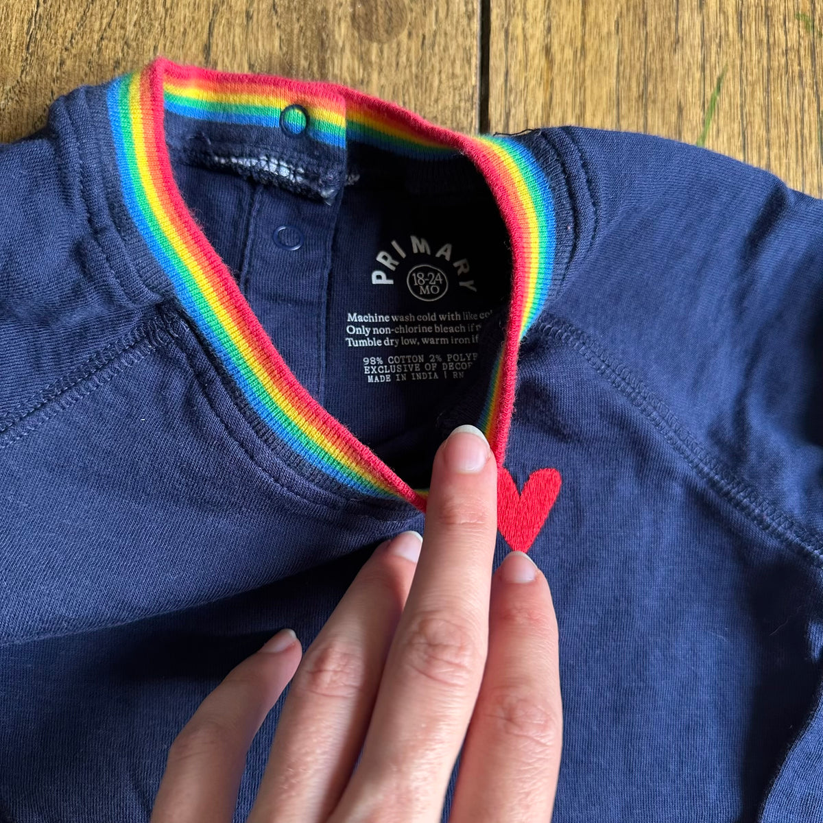 #113	EUC Boys / Gender Neutral Primary Navy with Rainbow Collar Romper, size 18-24 months