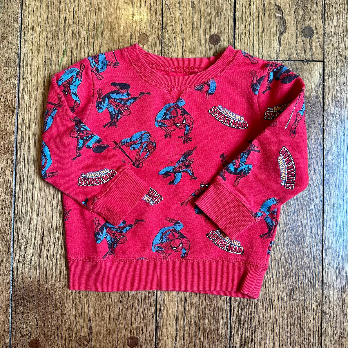 #113	EUC Boys Jumping Beans Fleece Red Spiderman Crewneck Sweatshirt, size 18 months