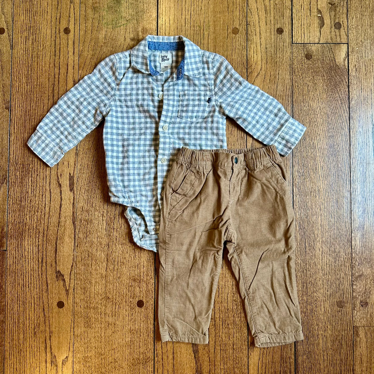 #113	EUC Boys Flannel Plaid Outfit, Osh Kosh Gray Plaid Onesie 18 mos and Gap Brown Courderoy Pants 18-24 months