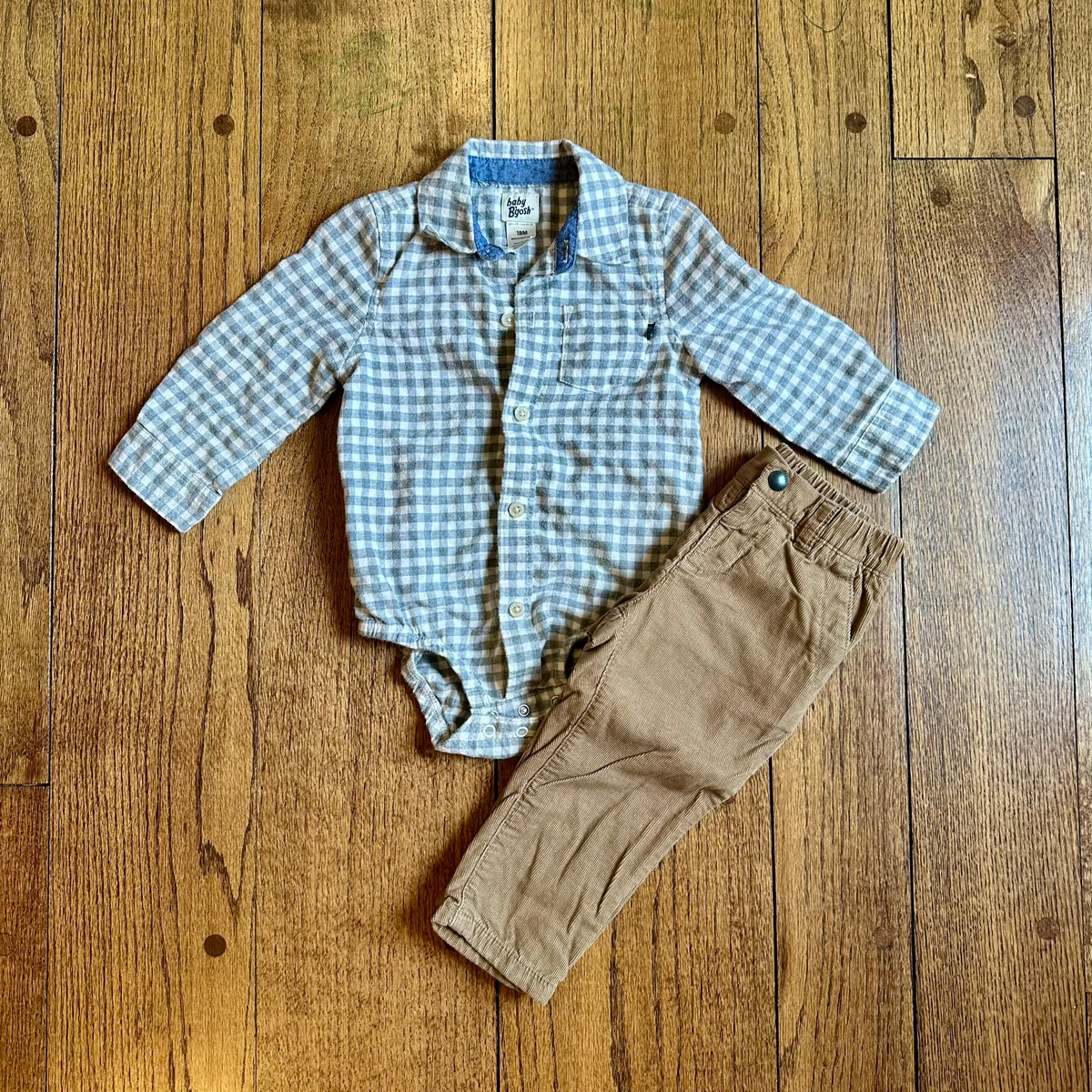 #113	EUC Boys Flannel Plaid Outfit, Osh Kosh Gray Plaid Onesie 18 mos and Gap Brown Courderoy Pants 18-24 months