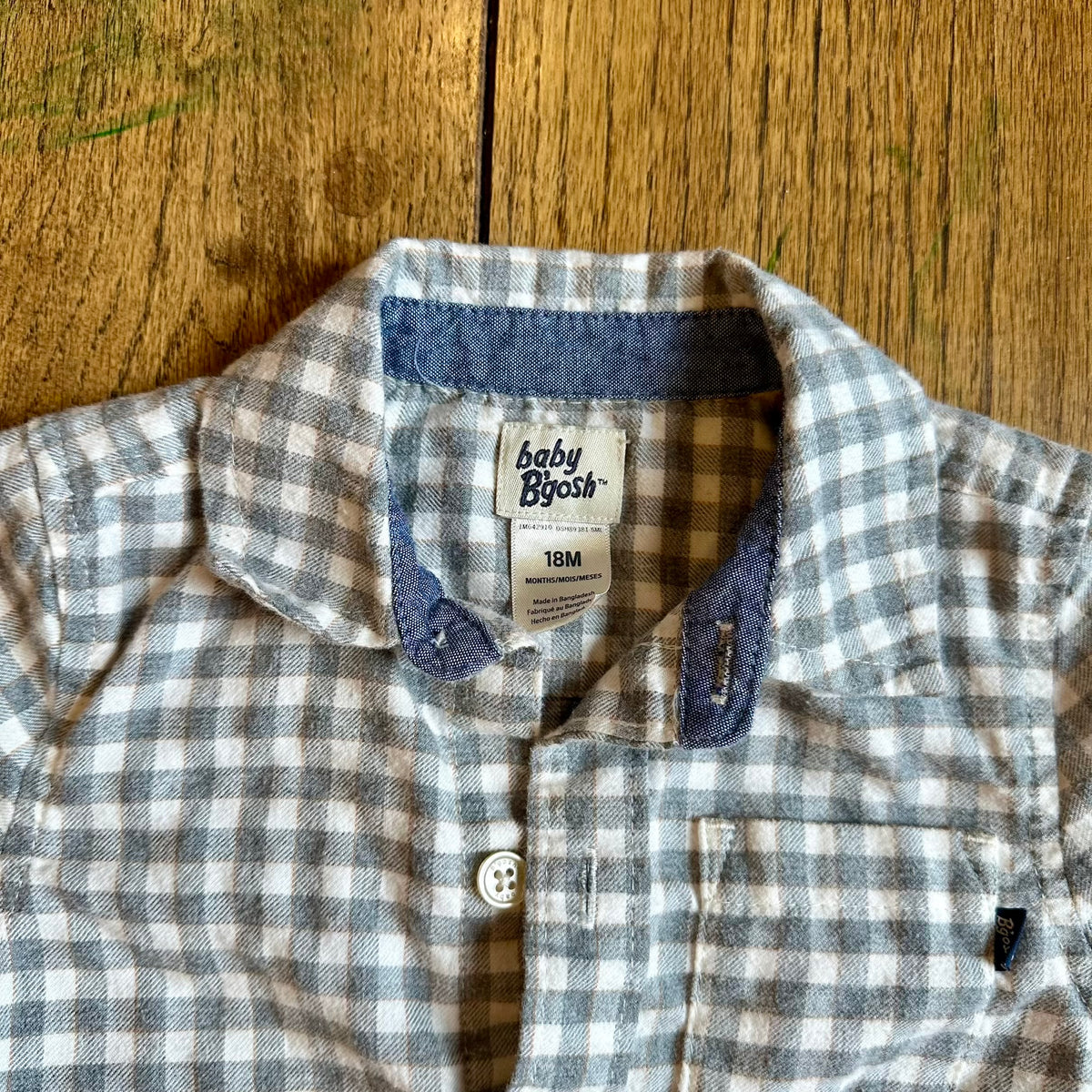 #113	EUC Boys Flannel Plaid Outfit, Osh Kosh Gray Plaid Onesie 18 mos and Gap Brown Courderoy Pants 18-24 months