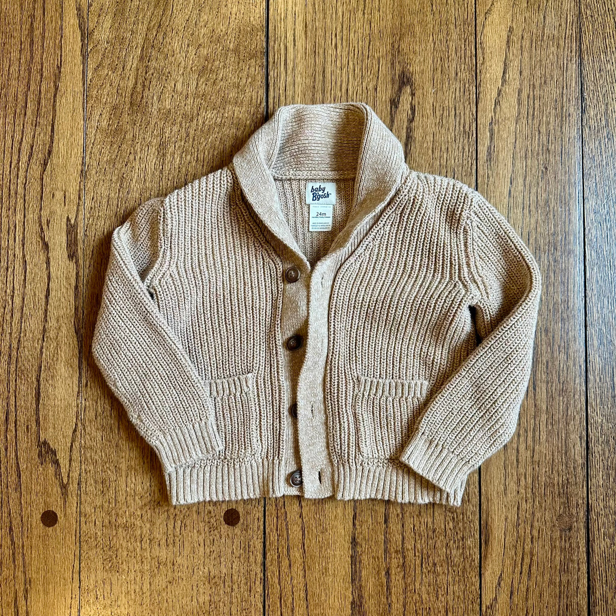 #113	EUC Boys Osh Kosh Brown Knitted Cowl Neck Button Down Sweater, size 24 months